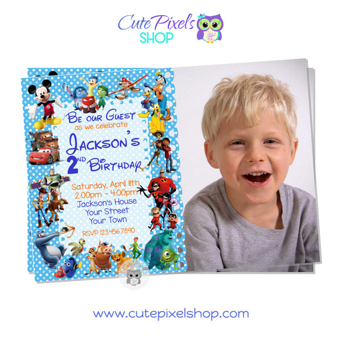 Disney Characters Invitation for Boy in blue with child's photo, Disney Characters around invitation