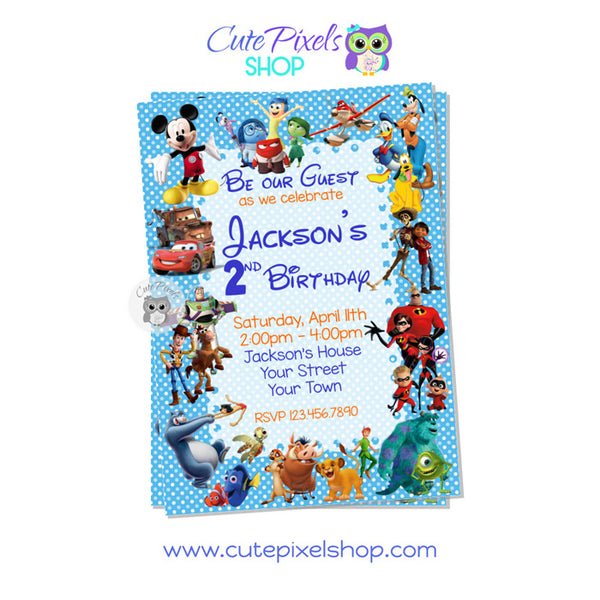 Disney Characters Invitation for Boy in blue, Disney Characters around invitation