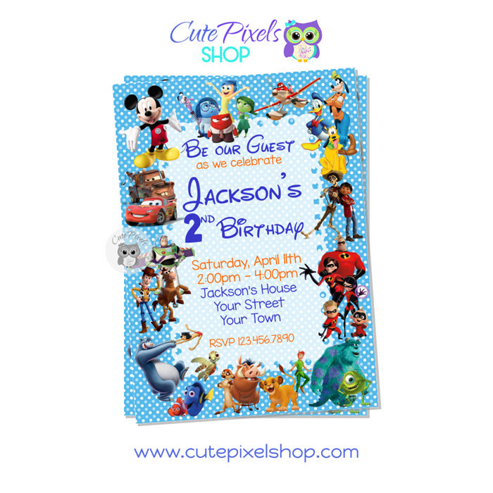 Disney Characters Invitation for Boy in blue, Disney Characters around invitation