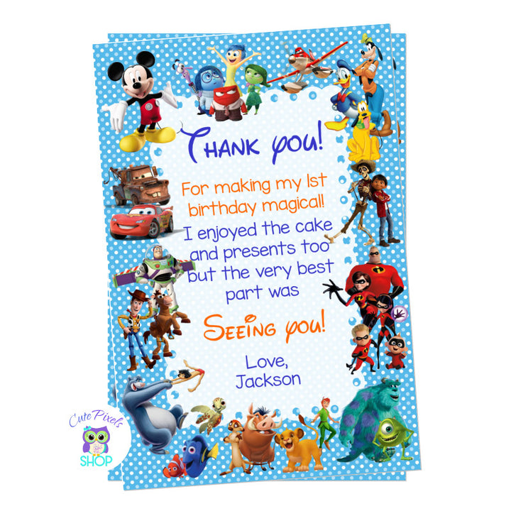 Disney Characters Thank you Card in blue background with multiple Disney characters for boy. 