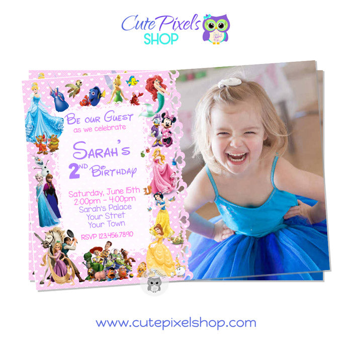 Disney Characters Invitation for girl in Pink with child's photo