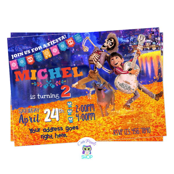 Coco invitation from the Disney Coco movie, with Miguel, Hector and Dante playing guitar and singing in a Mexican fiesta.
