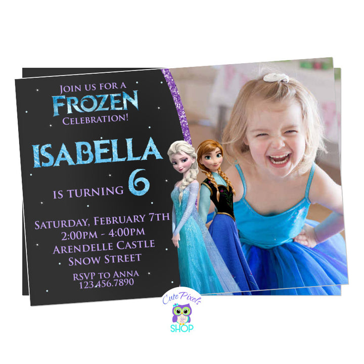 Disney Frozen Invitation. Elsa and Anna birthday invitation with a chalkboard background, Queen Elsa, Princess Anna and lots of snow. Includes your child's photo
