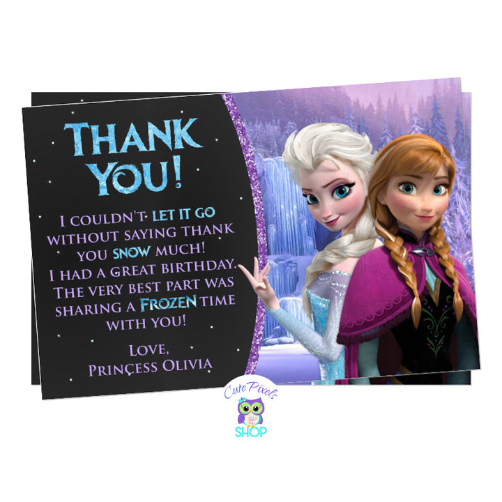 Disney Frozen Thank You Card. Frozen Card with Elsa and Anna in a chalkboard background and lots of snow.