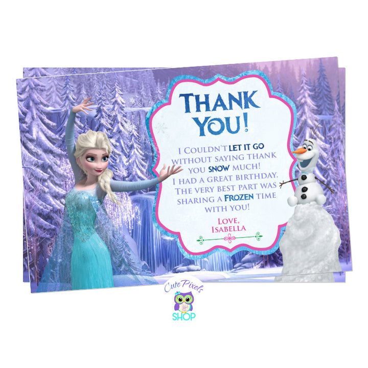 Disney Frozen Birthday Thank You Card. Elsa Card with a cute purple background from the Disney Frozen movie, queen Elsa and cute pink and purple text.