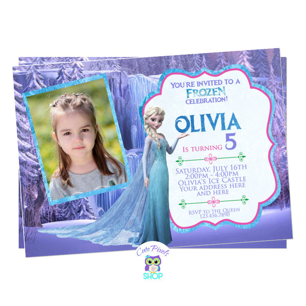 Disney Frozen Birthday Invitation. Elsa invitation with a cute purple background from the Disney Frozen movie, queen Elsa and cute pink and purple text. Includes your child's photo. 