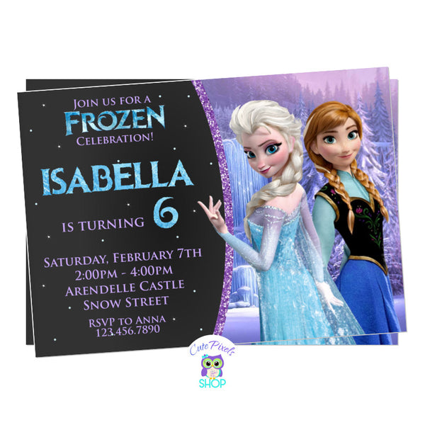 Disney Frozen Invitation. Elsa and Anna birthday invitation with a chalkboard background, Queen Elsa, Princess Anna and lots of snow.