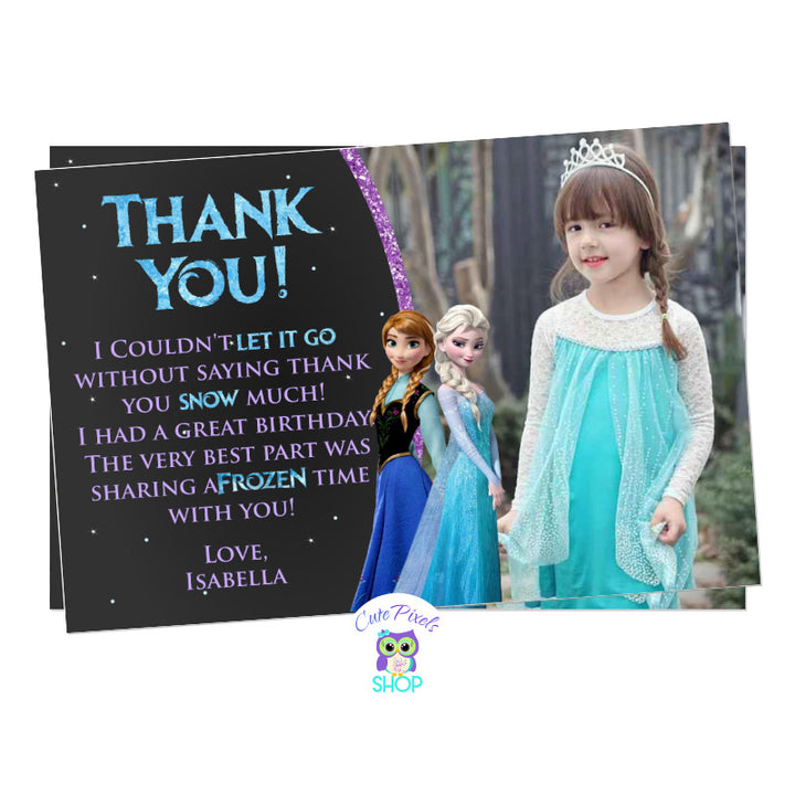 Disney Frozen Thank You Card. Frozen Card with Elsa and Anna in a chalkboard background and lots of snow. Includes child's photo