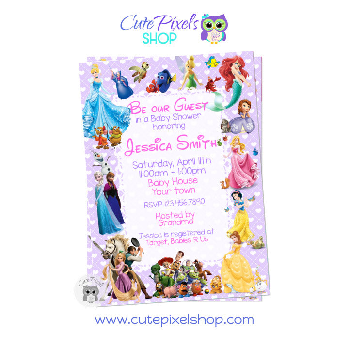 Disney Characters Baby Shower Invitation for Girls. Baby shower invitation with multiple Disney characters and Disney princess for the little new girl. Purple background with hearts.