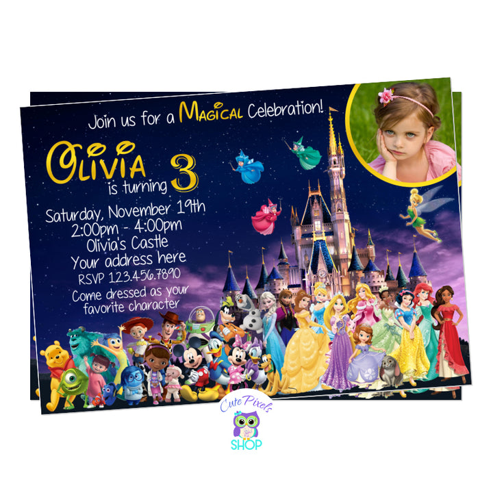 Disney Invitation with the Disney castle and multiple Disney characters for a cute Disney Birthday Party. Disney Invitation has the Disney castle on the back with many Disney characters in front like Disney Princess, Mickey Mouse and Friends, Toy Story, Doc McStuffins, Monsters, Winnie Pooh, Nemo, and Inside out. Includes child's photo