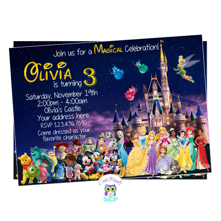 Disney Invitation with the Disney castle and multiple Disney characters for a cute Disney Birthday Party. Disney Invitation has the Disney castle on the back with many Disney characters in front like Disney Princess, Mickey Mouse and Friends, Toy Story, Doc McStuffins, Monsters, Winnie Pooh, Nemo, and Inside out.