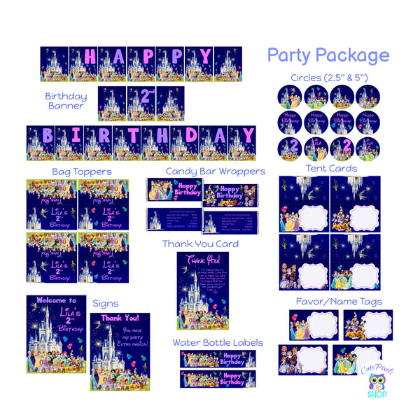 Disney Party decorations for a Disney Castle and Disney Characters birthday party. Includes Birthday Banner, Cupcake toppers, Bag toppers, Cand Bar Wrappers, Place cards, signs, water bottle lables and favor tags