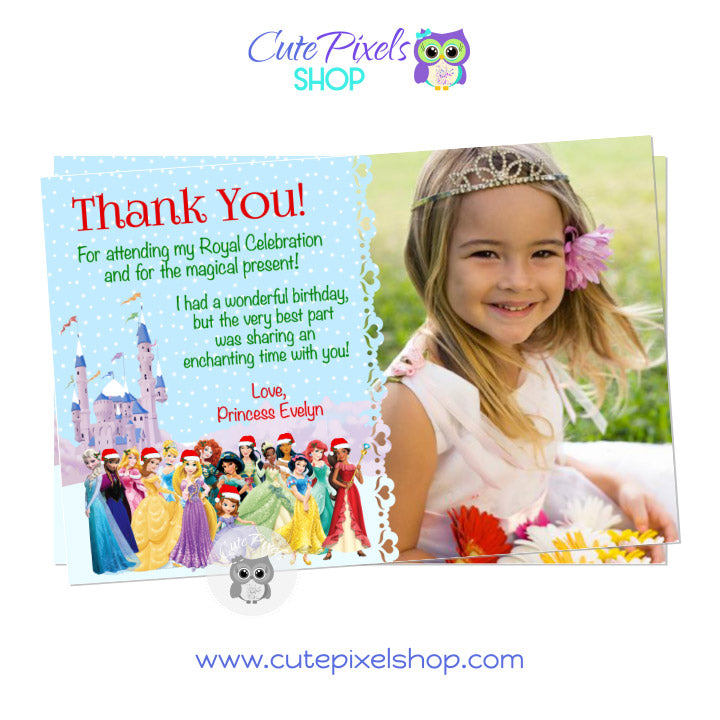 Disney Princess Christmas Birthday Thank You Card with Photo, All Disney Princess Group wearing Christmas hats