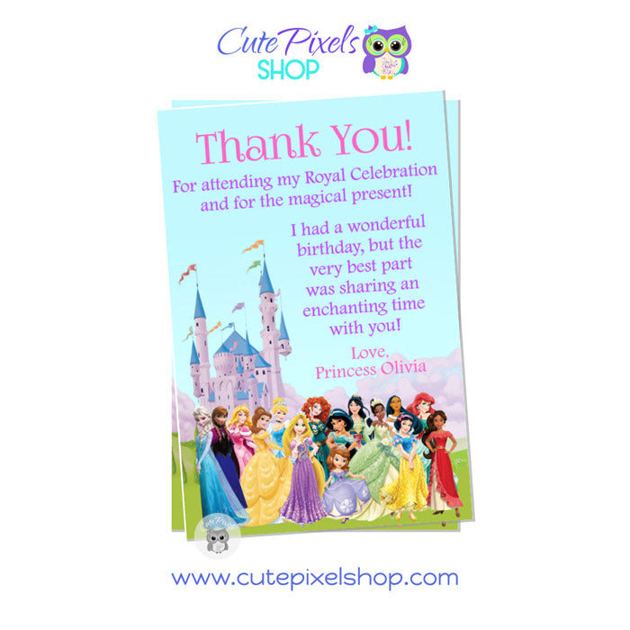 Disney Princess Thank you Card all diney princeses include with a castle background.