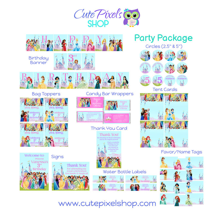 Disney Princess Party Decorations including banners, candy bars wall papers, bag toppers, water bottle labels, name tags, sings, tent cards and cupcake toppers.