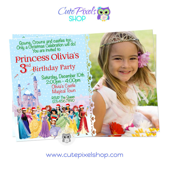 Disney Princess Christmas Birthday Invitation with photo, All Disney Princess Group wearing Christmas hats