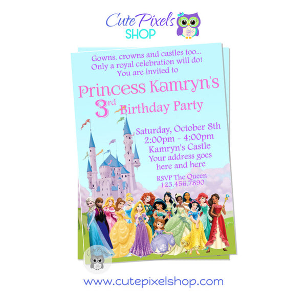 Disney Princess Invitation all princeses include with a disey castle background.