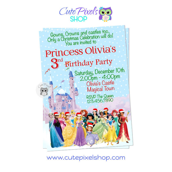 Disney Princess Christmas Birthday Invitation, All Disney Princess Group wearing Christmas hats