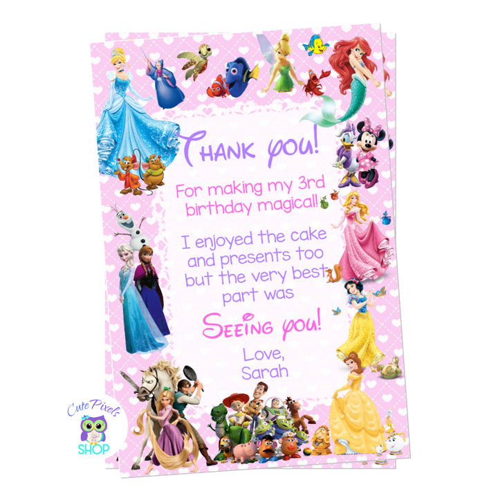 Disney Thank You Card with multiple Disney characters for a cute Disney Birthday Party, for a girl. Disney card comes in pink background with hearts and the Disney characters around: Cinderella, Belle, The Little Mermaid, Snow White, Sleeping Beauty, Elsa and Anna, Minnie Mouse and Daisy, Toy Story, Tinkerbell and Nemo.