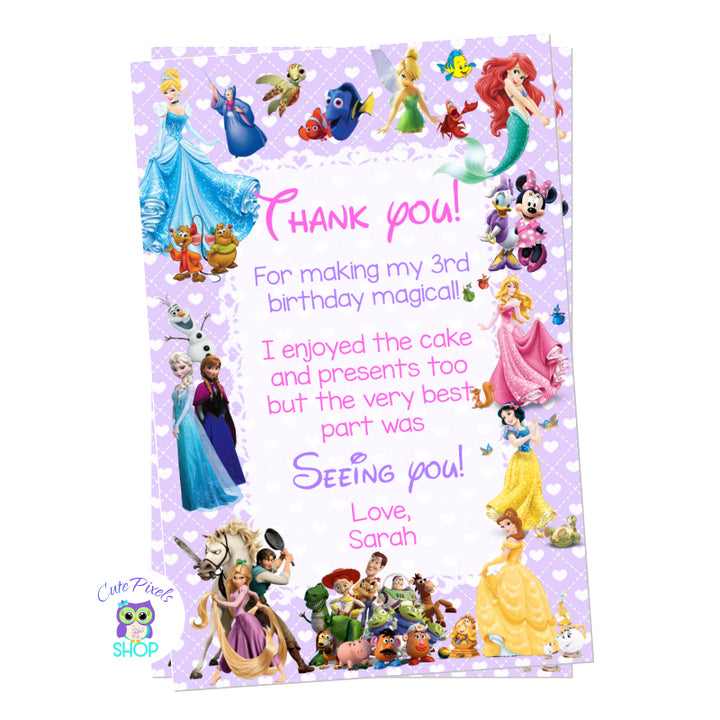 Disney Thank You Card with multiple Disney characters for a cute Disney Birthday Party, for a girl. Disney card comes in purple background with hearts and the Disney  characters around: Cinderella, Belle, The Little Mermaid, Snow White, Sleeping Beauty, Elsa and Anna, Minnie Mouse and Daisy, Toy Story, Tinkerbell and Nemo.