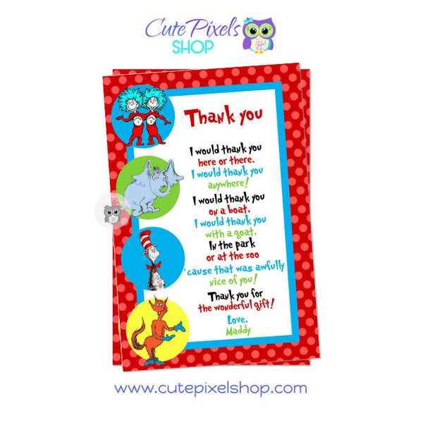 Dr. Seuss thank you card with a red polka dot background and rhymes with green eggs and ham theme.