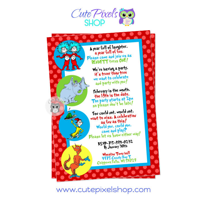 Dr. Seuss invitation with a red polka dot background and rhymes with green eggs and ham theme.