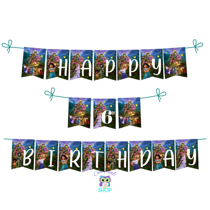Encanto Birthday Banner with bunting flags including all Encanto Family, Mirabel, Isabela, Luisa, Bruno and Antonio. Perfect to decorate your Encanto Birthday party