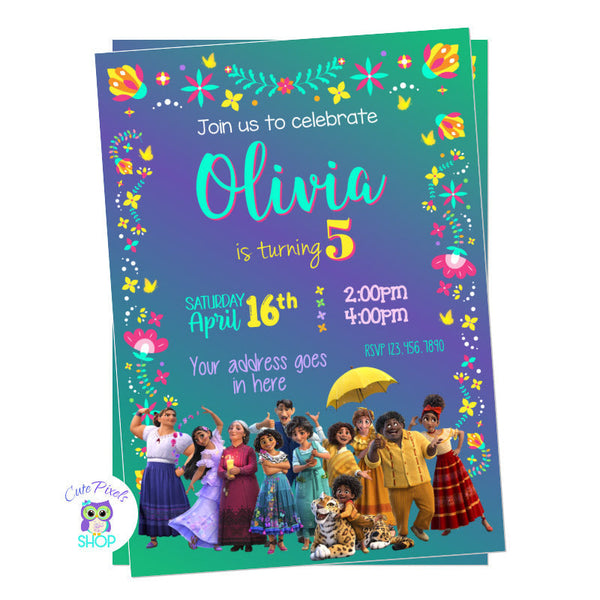 Encanto invitation with the Madrigal Family, lots of cute flowers, teal and purple background and butterflies! Perfect for a Disney Encanto Birthday!