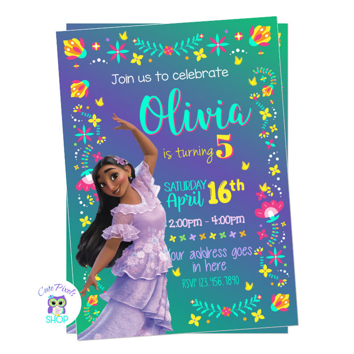 Encanto invitation with Isabela, lots of cute flowers, teal and purple background and butterflies! Perfect for a Disney Encanto Birthday!