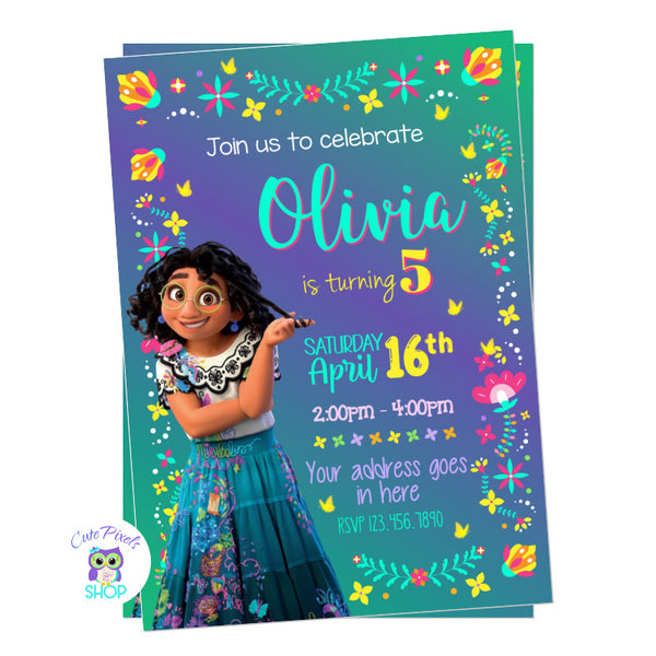 Encanto invitation with Mirabel, lots of cute flowers, teal and purple background and butterflies! Perfect for a Disney Encanto Birthday!