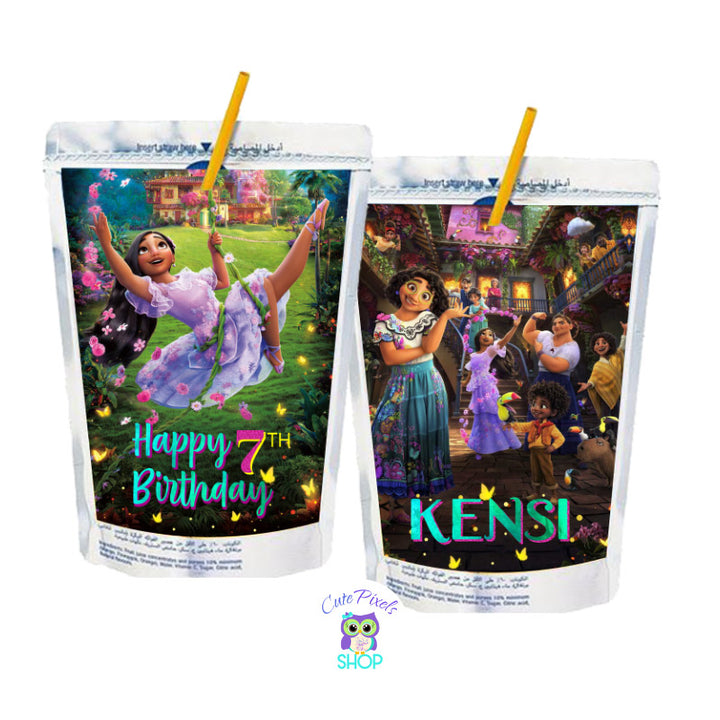 Encanto Capri Sun labels with Isabela and Mirabel, The magical casita of Encanto at the back. Perfect to decorate your Capri sun juices at your Disney Encanto Party.