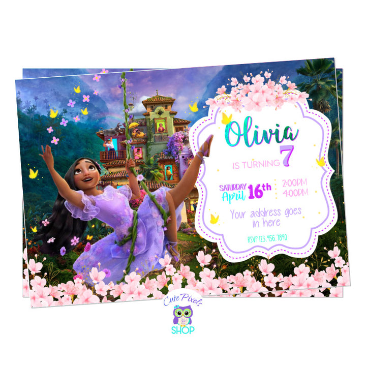 Encanto Invitation with Isabela swinging around flowers. Full of butterflies, Pink flowers and all Disney Encanto magic