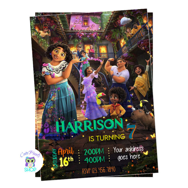 Encanto Invitation with Mirabel and the whole Madrigal family in front of the casita. perfect for an Encanto Birthday party. Boy invitation