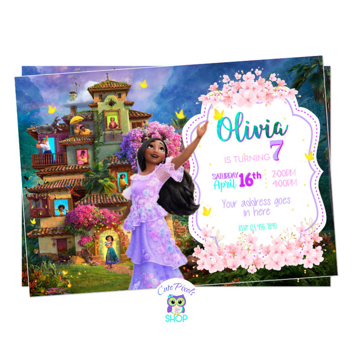 Encanto Invitation with Isabela next to the casita. Full of butterflies, Pink flowers and all Disney Encanto magic