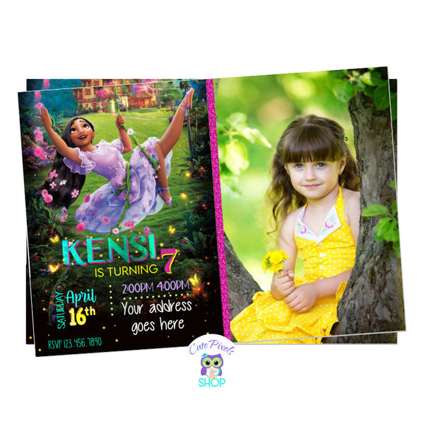 Isabela Encanto invitation with Isabela throwing flowers in front of the casita. Perfect for an encanto Birthday Party. Includes child's photo