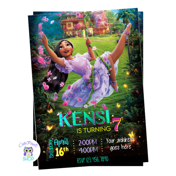 Isabela Encanto invitation with Isabela throwing flowers in front of the casita. Perfect for an encanto Birthday Party