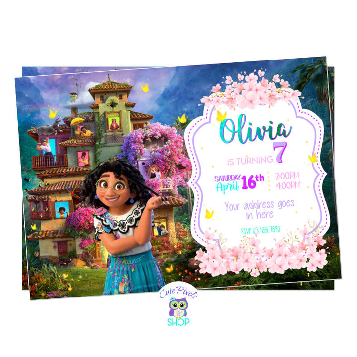 Encanto Invitation with Mirabel next to the casita. Full of butterflies, Pink flowers and all Disney Encanto magic