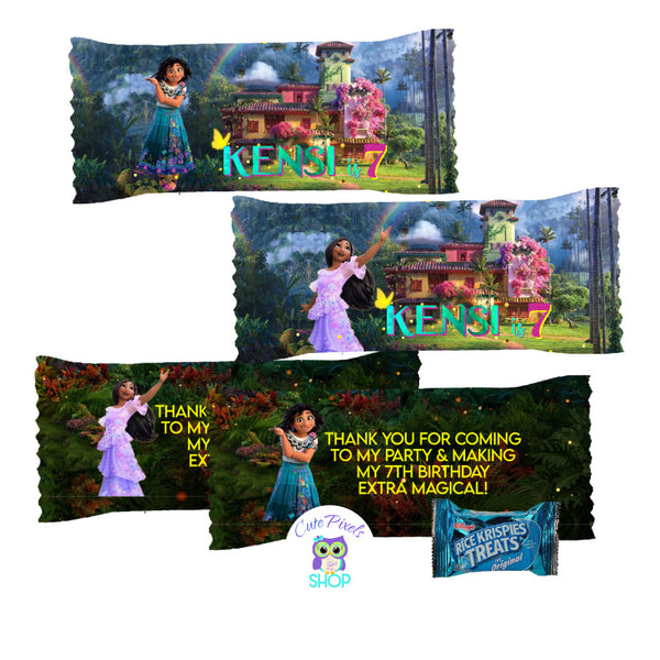 Encanto Rice Krispies Wrappers to wrap your treats. Mirabel and Isabela designs with the Disney Encanto casita at the back, your child's name and age.