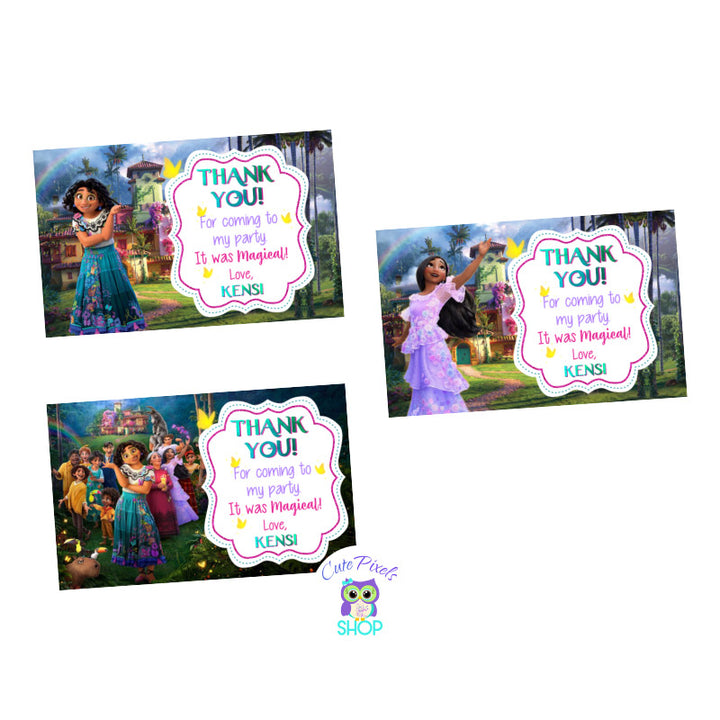 Encanto Thank You Tags for you Encanto Party favors. Encanto favor tags have a thank you message and are customized with your child's name. All three designs included, Mirabel, Isabel and Madrigal Family.