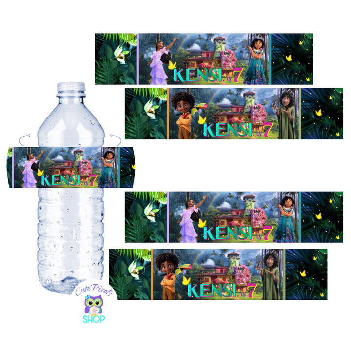 Encanto Water Bottle labels with Isabela and Mirabel, Antonio and Bruno with the magical casita of Encanto at the back. Perfect to decorate your Water Bottles at your Disney Encanto Party.