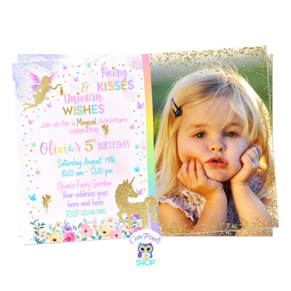 Fairy and Unicorn Invitation. Watercolor background with gold fairy and unicorn and text in rainbow colors. Butterflies, hearts and golden dots, perfect for a Magical birthday. Includes child's photo