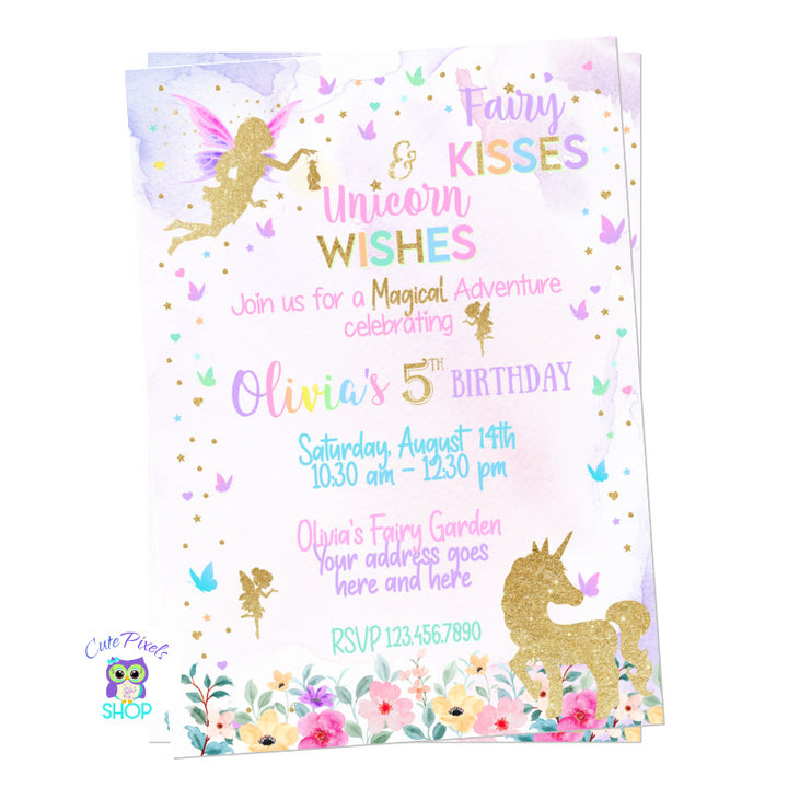Fairy and Unicorn Invitation. Watercolor background with gold fairy and unicorn and text in rainbow colors. Butterflies, hearts and golden dots, perfect for a Magical birthday.