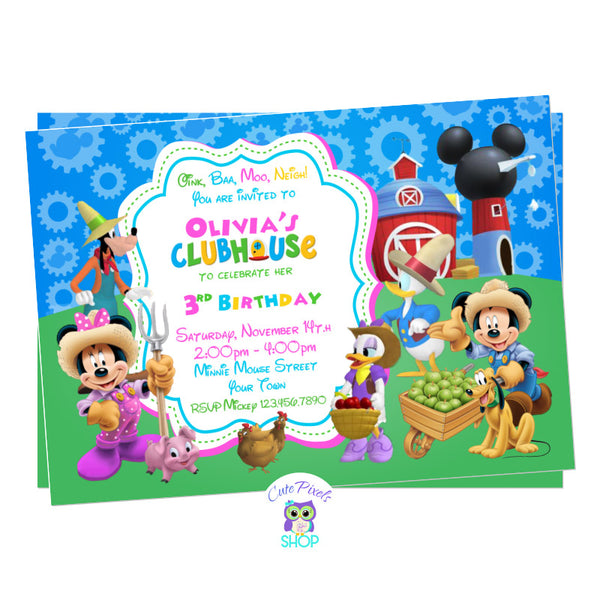 Farm birthday invitation with all Mickey mouse clubhouse friends and farm animals perfect for a petting zoo birthday party, pink design with Minnie Mouse dressed as farmer in front