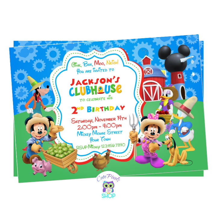 Farm birthday invitation with all Mickey mouse clubhouse friends and farm animals perfect for a petting zoo birthday party, red design with Mickey Mouse dressed as farmer in front