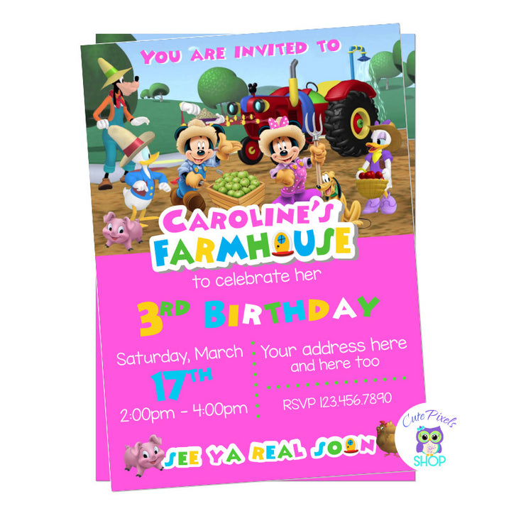 Farm Birthday Party invitation, Mickey Mouse clubhouse birthday invitation with famr animals, mickey mouse clubhouse friends dressed as farmers and farmhouse logo, pink design