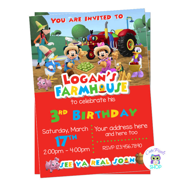 Farm Birthday Party invitation, Mickey Mouse clubhouse birthday invitation with famr animals, mickey mouse clubhouse friends dressed as farmers and farmhouse logo, red design