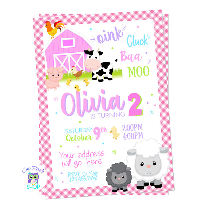 Farm invitation for a girl with lots of cute farm animals and  a pink barn. 
