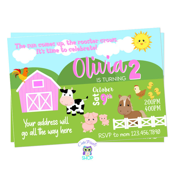 Farm invitation for a girl with Farm animals, cow, horse, chicken, rooster, pigs and hen. Cute pink barnyard for a barnyard and petting zoo birthday