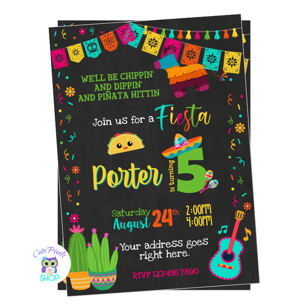 Fiesta invitation for a Fiesta Birthday party, Full of colors and Mexican fiesta graphics. Piñata, flags, guitar, cactus, Mexican hat and a taco all in a chalkboard background