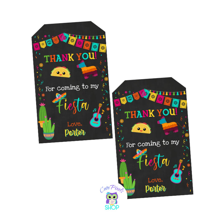 Fiesta thank you tag. Thank you label for a Fiesta party full of colors and Mexican fiesta graphics like a piñata, guitar, taco and Mexican hat.
